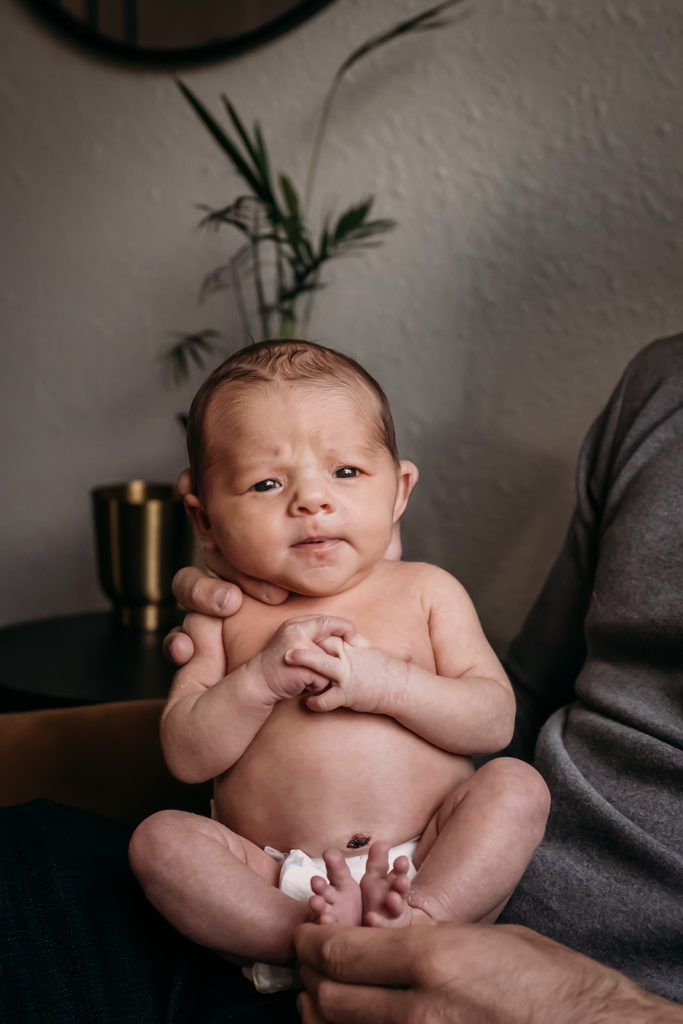 Little baby boy in a unique newborn pose where he looks like a wise soul during this El Cerrito, CA San Francisco Bay Newborn Session